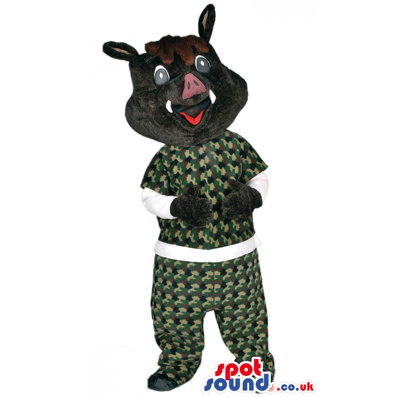 Wild, smiling boar mascot with military themed clothes - Custom