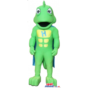 Cartoon Green Dragon Plush Mascot With A Blue Cape And A Letter