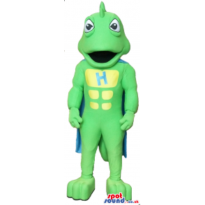 Cartoon Green Dragon Plush Mascot With A Blue Cape And A Letter