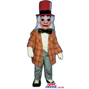 Old Man Mascot Wearing A Red Hat And A Checked Jacket - Custom
