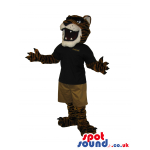 Tiger Plush Mascot Wearing A Black Shirt And Brown Shorts -