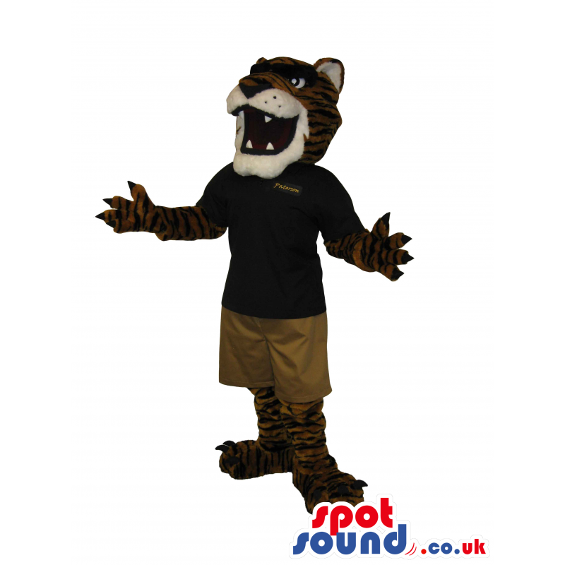 Tiger Plush Mascot Wearing A Black Shirt And Brown Shorts -