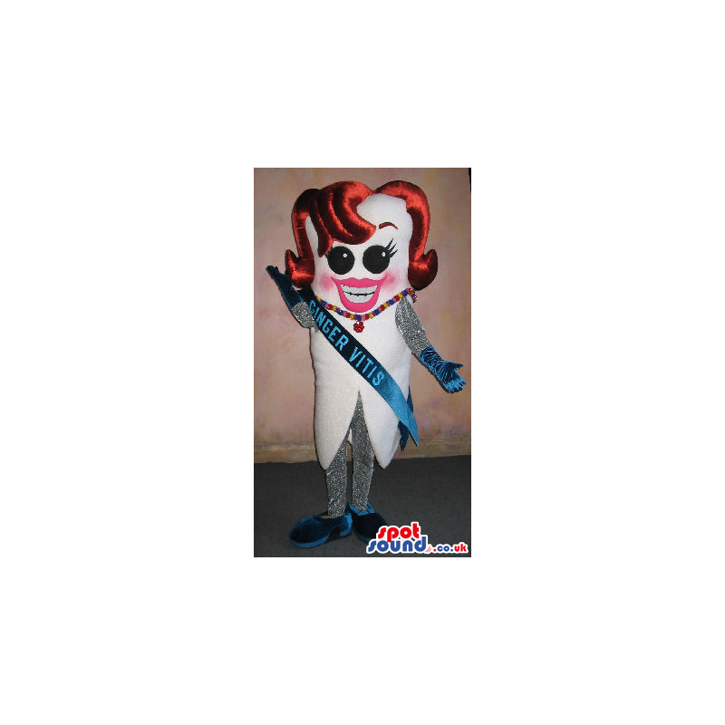 Big Funny White Tooth Lady Mascot With A Red Hairdo - Custom