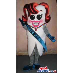 Big Funny White Tooth Lady Mascot With A Red Hairdo - Custom