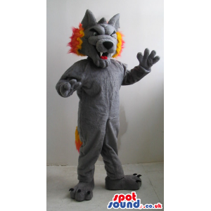 Grey Wolf Plush Mascot With Fire Flames As Hair And Tail -