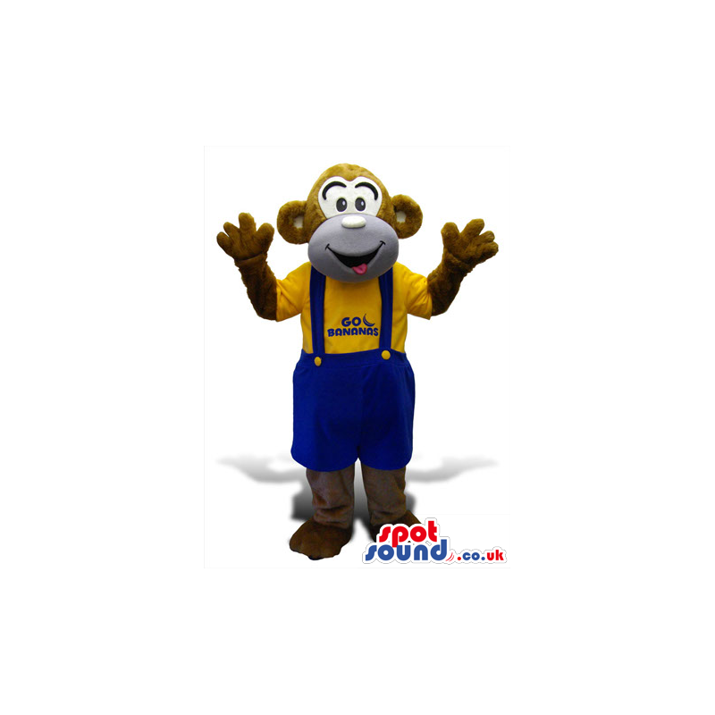 Brown Monkey Plush Mascot Wearing Blue Overalls And T-Shirt -