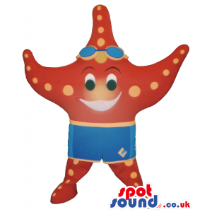 Funny Red Starfish Plush Mascot Wearing Swimming Garments -