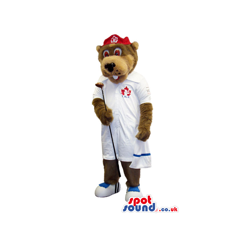 Brown Bear Plush Mascot Wearing White Golf Clothes - Custom