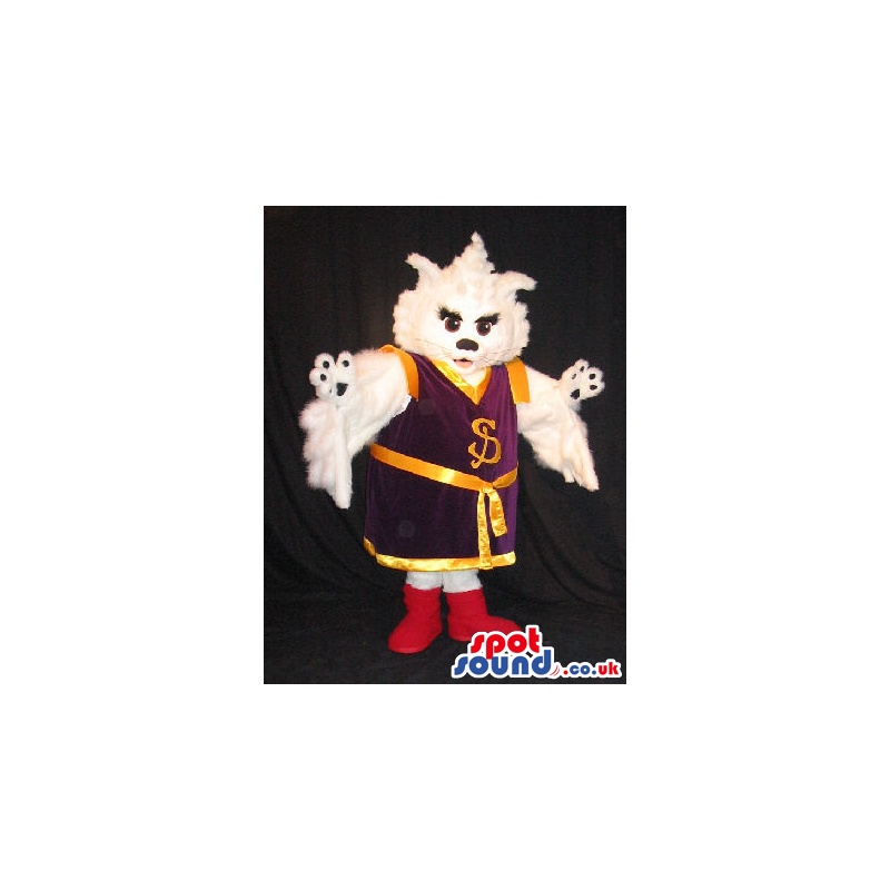 White Bird Mascot Wearing Purple And Golden Sports Clothes -