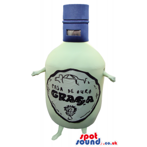 White And Blue Wine Bottle Mascot With Brand Name And No Face -