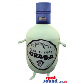 White And Blue Wine Bottle Mascot With Brand Name And No Face -