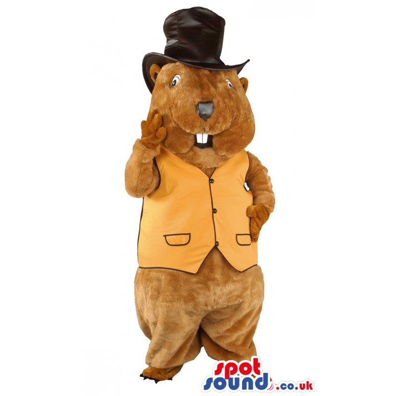 Brown beaver mascot with tall top hat and yellow waist coat -
