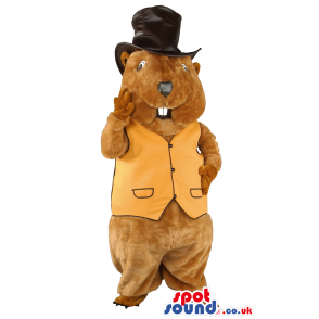 Brown beaver mascot with tall top hat and yellow waist coat -