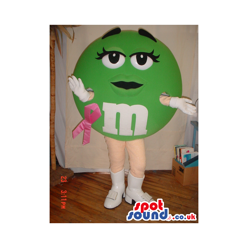 Green M&M'S Brand Name Mascot With Breast Cancer Ribbon -