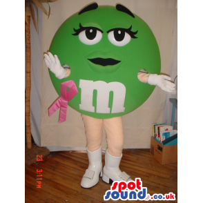Green M&M'S Brand Name Mascot With Breast Cancer Ribbon -