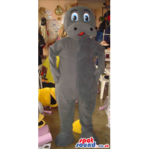 Cute All Grey Hippopotamus Mascot With Cartoon Eyes - Custom