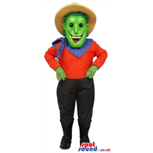 Green Giant Mascot Wearing Farmer Clothes And A Hat - Custom