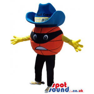Huge Angry Basketball Plush Mascot Wearing A Blue Cowboy Hat -