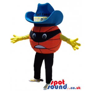 Huge Angry Basketball Plush Mascot Wearing A Blue Cowboy Hat -