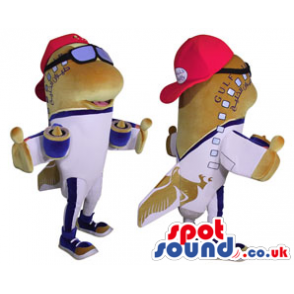 Two Funny Plane Plush Mascots Wearing A Cap And Glasses. -