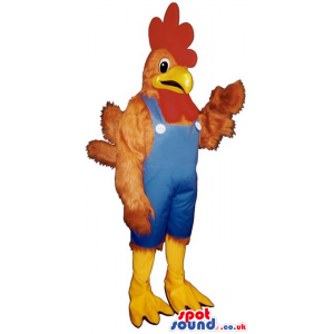 Brown Rooster Plush Mascot Wearing Blue Farmer Overalls -