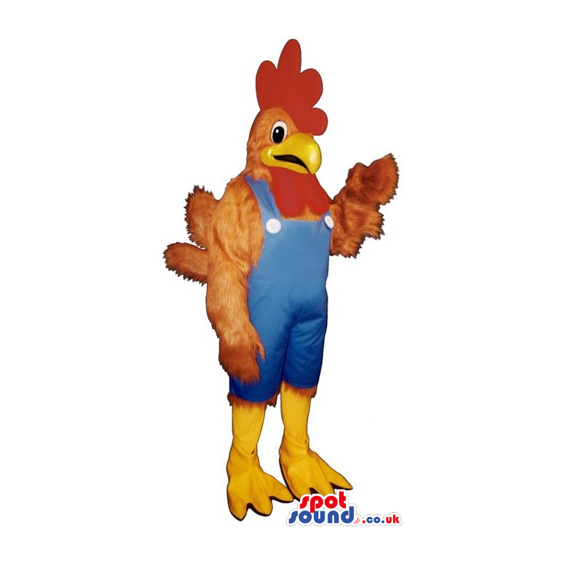 Brown Rooster Plush Mascot Wearing Blue Farmer Overalls -