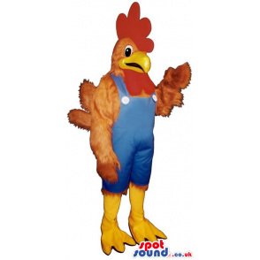 Brown Rooster Plush Mascot Wearing Blue Farmer Overalls -