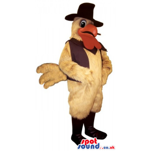 White Rooster Plush Mascot Wearing A Vest And A Hat - Custom