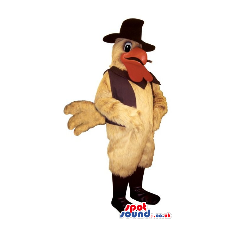 White Rooster Plush Mascot Wearing A Vest And A Hat - Custom