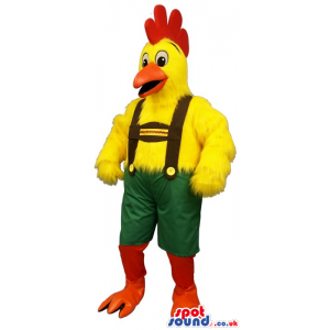 Flashy Yellow Chicken Plush Mascot Wearing Tyrol Overalls. -