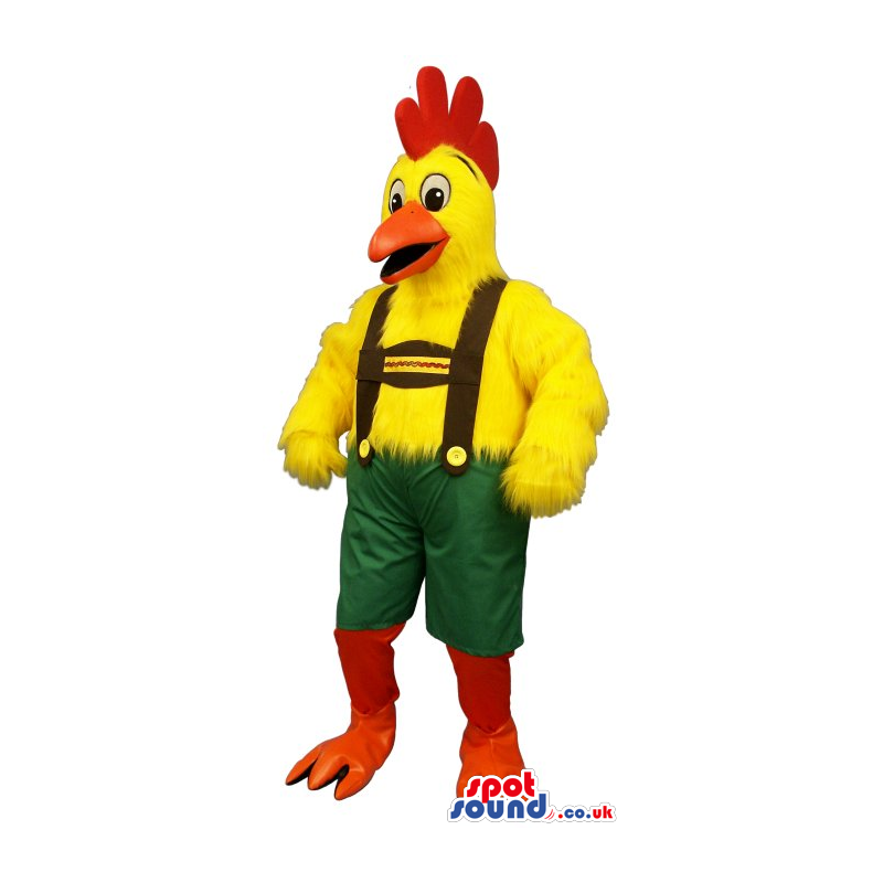 Flashy Yellow Chicken Plush Mascot Wearing Tyrol Overalls. -