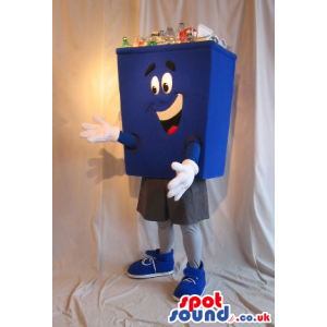 Cute Blue Trash Can Or Recycling Box Plush Mascot With Bottles