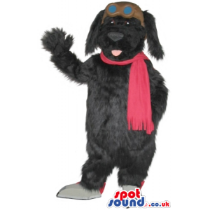 Cute Black Dog Plush Animal Mascot Wearing Pilot Garments -