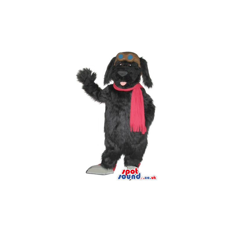 Cute Black Dog Plush Animal Mascot Wearing Pilot Garments -