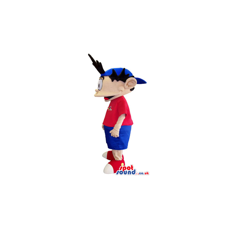 Boy Plush Mascot Wearing Red And Blue Clothes With Spiky Hair -