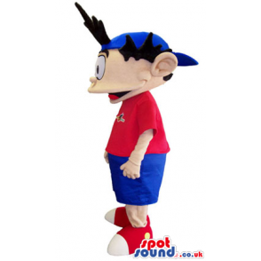 Boy Plush Mascot Wearing Red And Blue Clothes With Spiky Hair -