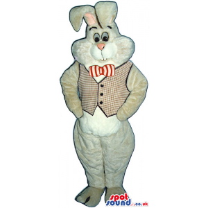 Cute White Rabbit Plush Mascot Wearing A Bow Tie And Vest -