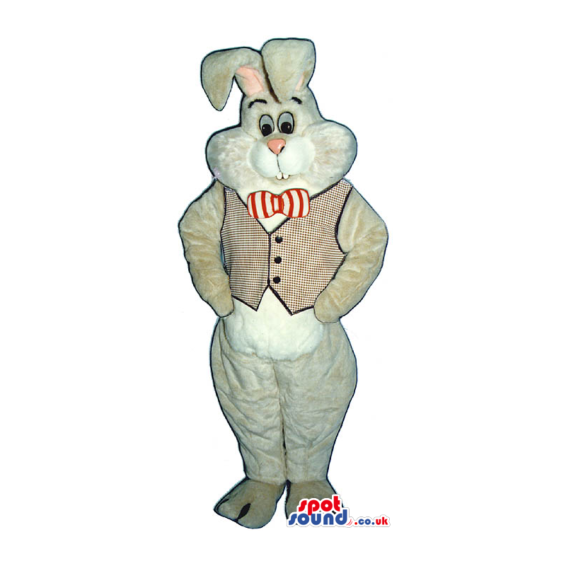 Cute White Rabbit Plush Mascot Wearing A Bow Tie And Vest -