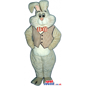 Cute White Rabbit Plush Mascot Wearing A Bow Tie And Vest -
