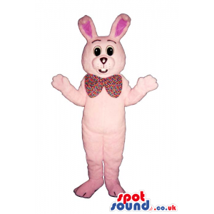 Cute All Pink Rabbit Plush Mascot Wearing A Big Bow Tie -