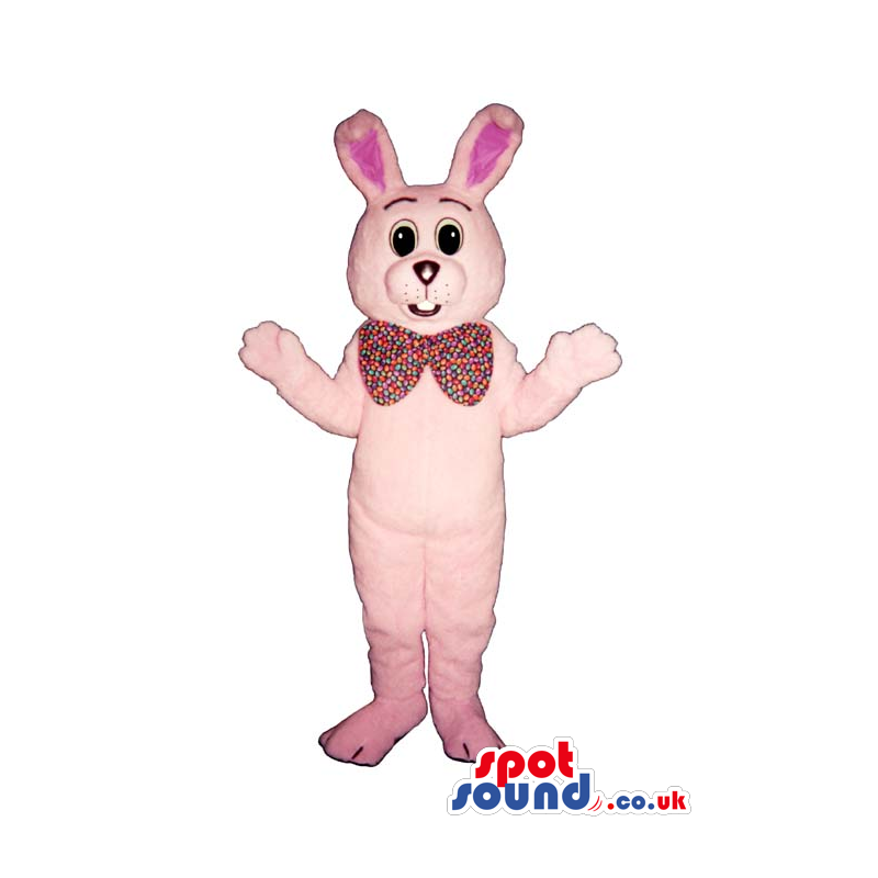 Cute All Pink Rabbit Plush Mascot Wearing A Big Bow Tie -