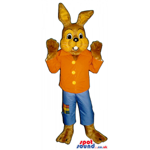 All Brown Rabbit Plush Mascot Wearing Farmer Countryside