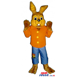 All Brown Rabbit Plush Mascot Wearing Farmer Countryside