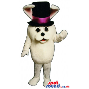 All White Rabbit Plush Mascot Wearing A Magician Top Hat -