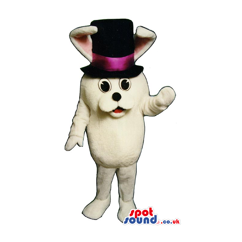 All White Rabbit Plush Mascot Wearing A Magician Top Hat -