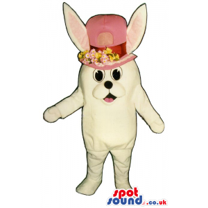 All White Rabbit Plush Mascot Wearing A Lady Pink Flower Ha -