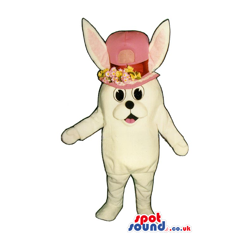 All White Rabbit Plush Mascot Wearing A Lady Pink Flower Ha -