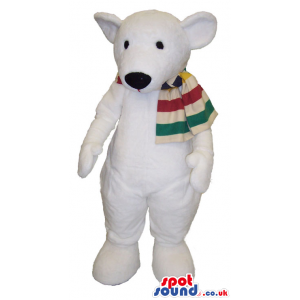 All White Polar Bear Plush Mascot Wearing A Striped Scarf -