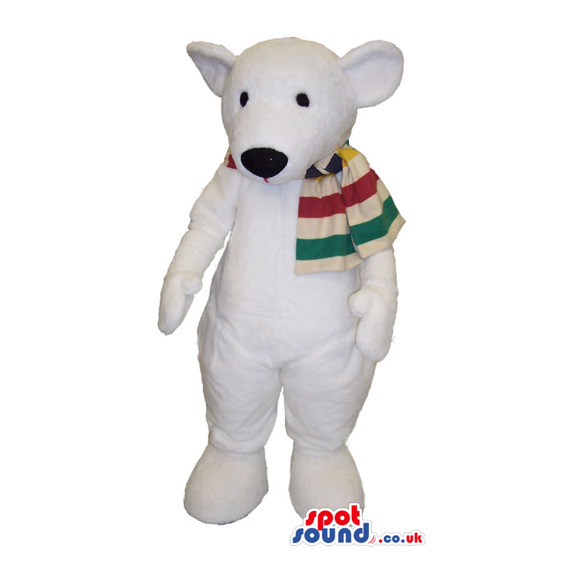All White Polar Bear Plush Mascot Wearing A Striped Scarf -