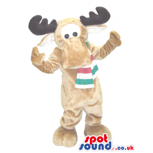 All Brown Reindeer Plush Mascot Wearing A Striped Scarf -